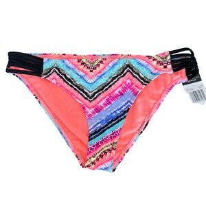 CALIFORNIA WAVES Swim Bottom Striped Size Large NWT Coral Black